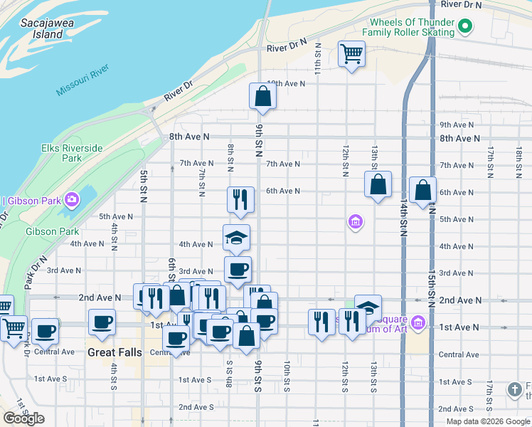 map of restaurants, bars, coffee shops, grocery stores, and more near 917 5th Avenue North in Great Falls