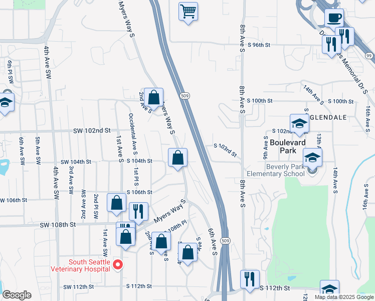 map of restaurants, bars, coffee shops, grocery stores, and more near 10310 Aqua Way South in Seattle