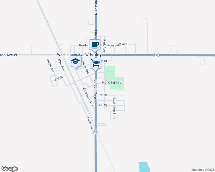 map of restaurants, bars, coffee shops, grocery stores, and more near Park Avenue in Finley