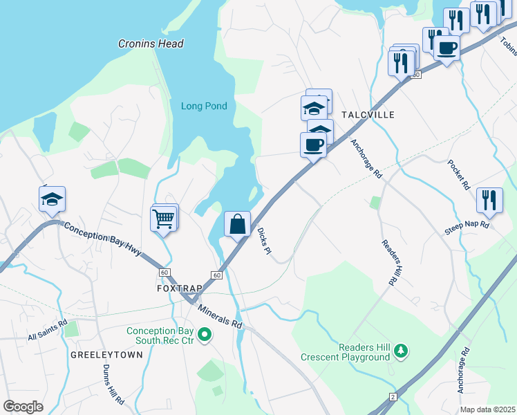 map of restaurants, bars, coffee shops, grocery stores, and more near 274 Conception Bay Highway in Conception Bay South