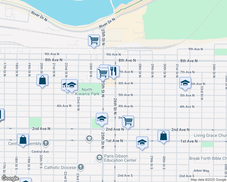 map of restaurants, bars, coffee shops, grocery stores, and more near 514 26th Street North in Great Falls