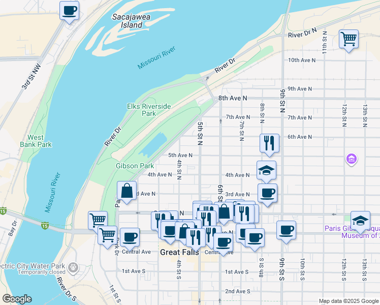 map of restaurants, bars, coffee shops, grocery stores, and more near 415 5th Avenue North in Great Falls