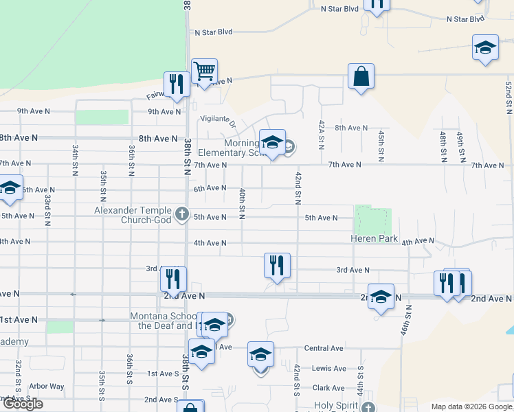 map of restaurants, bars, coffee shops, grocery stores, and more near 500 41st Street North in Great Falls