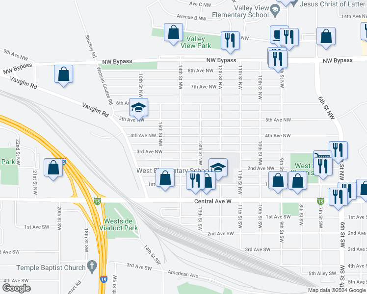 map of restaurants, bars, coffee shops, grocery stores, and more near 1327 3rd Avenue Northwest in Great Falls