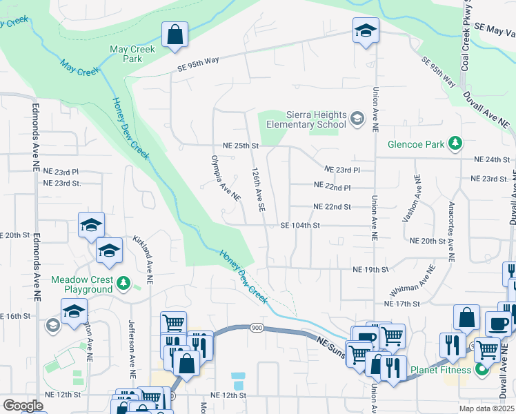 map of restaurants, bars, coffee shops, grocery stores, and more near 10241 126th Avenue Southeast in Renton