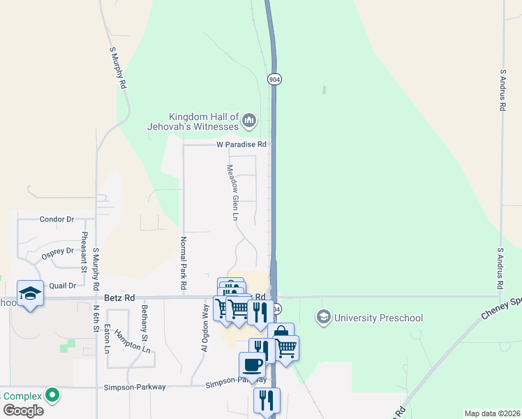 map of restaurants, bars, coffee shops, grocery stores, and more near 3209 Thistle Creek Ln in Cheney
