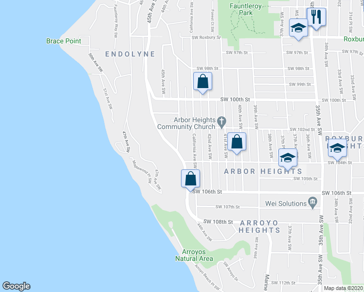 map of restaurants, bars, coffee shops, grocery stores, and more near 10234 44th Avenue Southwest in Seattle