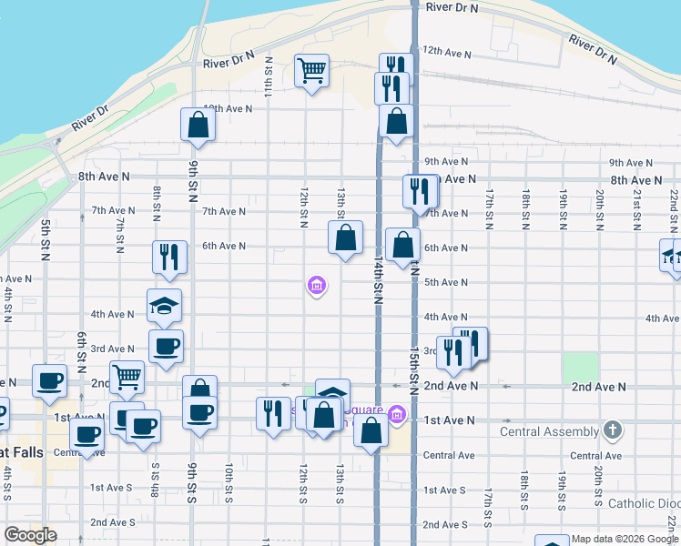 map of restaurants, bars, coffee shops, grocery stores, and more near 1301 5th Avenue North in Great Falls