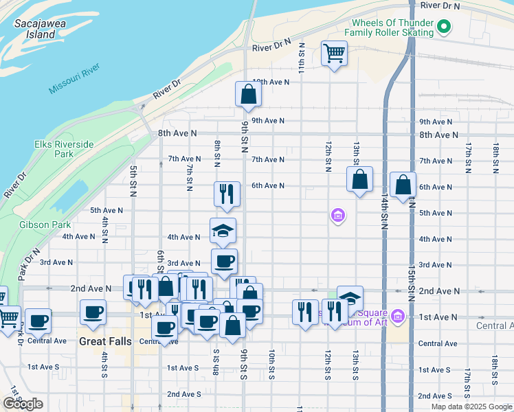 map of restaurants, bars, coffee shops, grocery stores, and more near 917 5th Avenue North in Great Falls