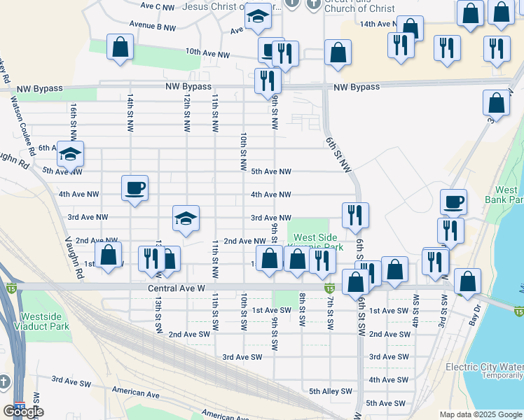 map of restaurants, bars, coffee shops, grocery stores, and more near 927 3rd Avenue Northwest in Great Falls