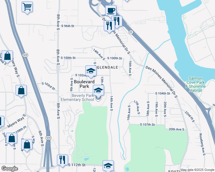 map of restaurants, bars, coffee shops, grocery stores, and more near 10239 14th Avenue South in Burien