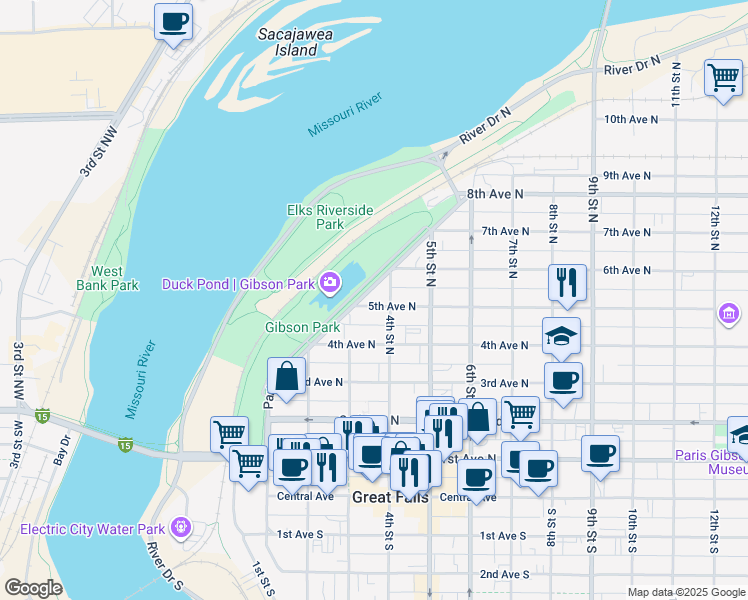 map of restaurants, bars, coffee shops, grocery stores, and more near 317 5th Avenue North in Great Falls