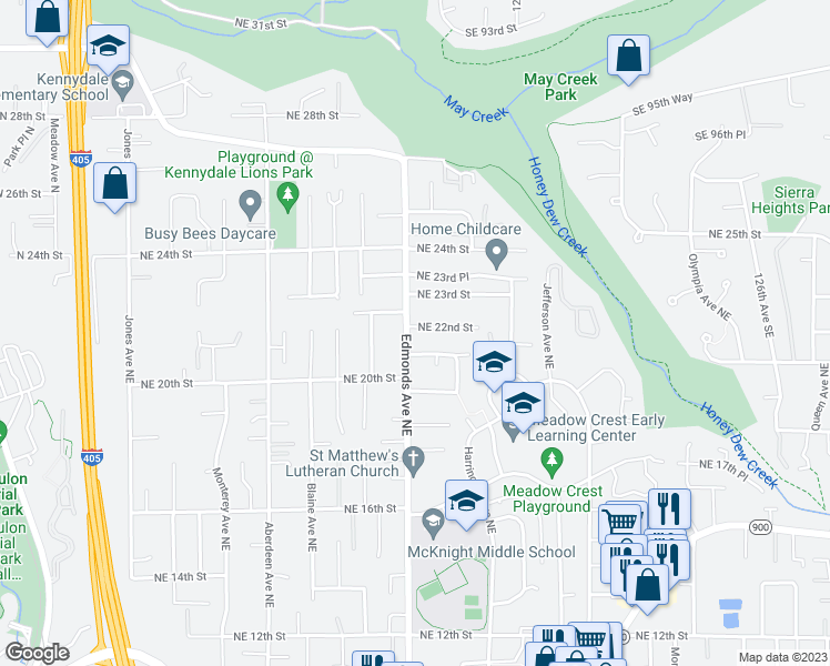 map of restaurants, bars, coffee shops, grocery stores, and more near 2124 Edmonds Avenue Northeast in Renton