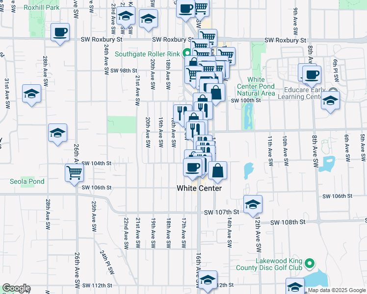 map of restaurants, bars, coffee shops, grocery stores, and more near 10231 17th Avenue Southwest in Seattle