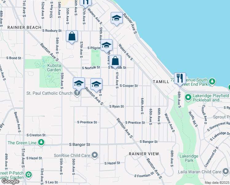 map of restaurants, bars, coffee shops, grocery stores, and more near 10021 61st Avenue South in Seattle