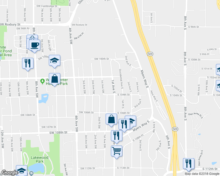 map of restaurants, bars, coffee shops, grocery stores, and more near 10239 1st Avenue South in Seattle
