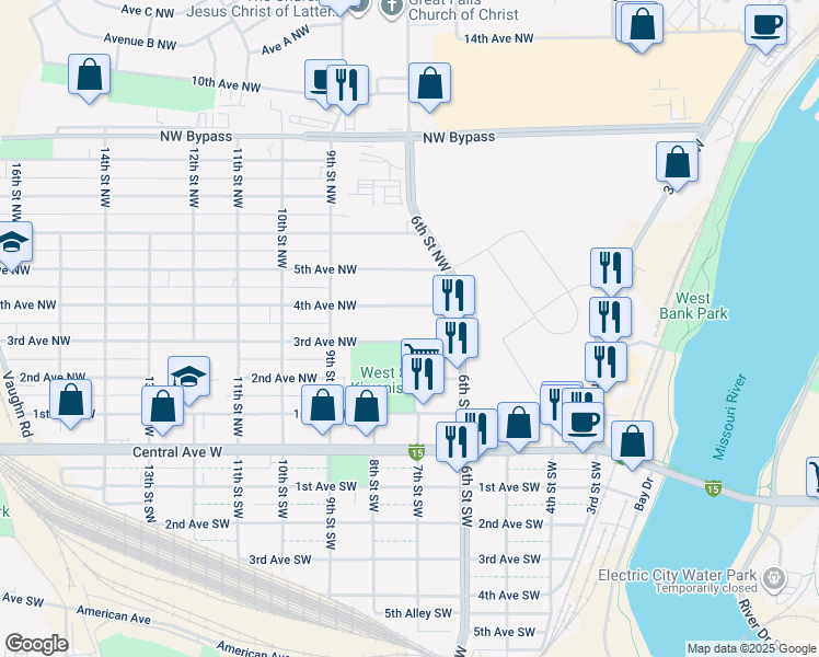 map of restaurants, bars, coffee shops, grocery stores, and more near 701 3rd Avenue Northwest in Great Falls