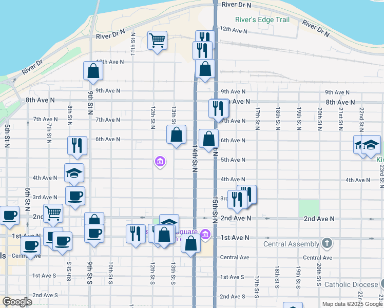 map of restaurants, bars, coffee shops, grocery stores, and more near 1327 5th Avenue North in Great Falls