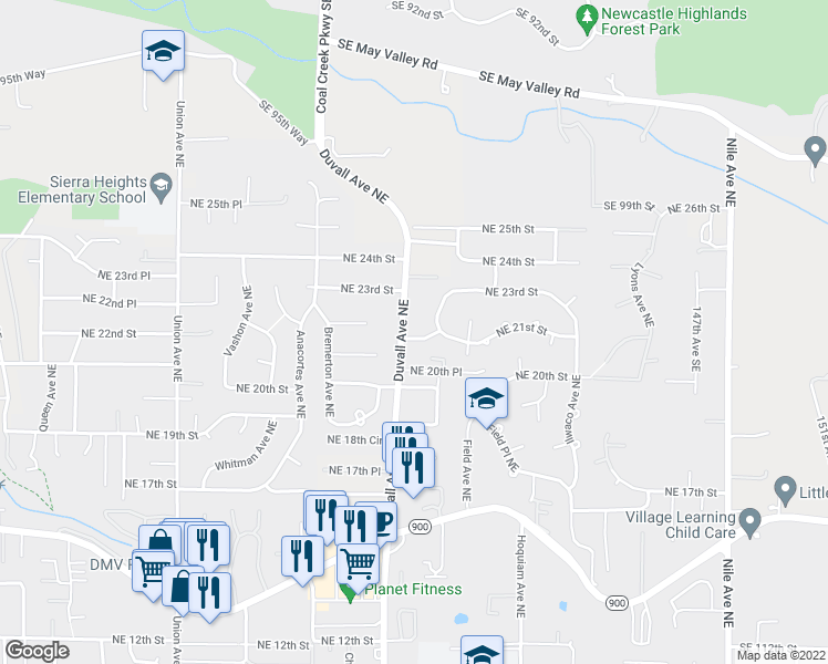 map of restaurants, bars, coffee shops, grocery stores, and more near 4704 Northeast 21st Street in Renton