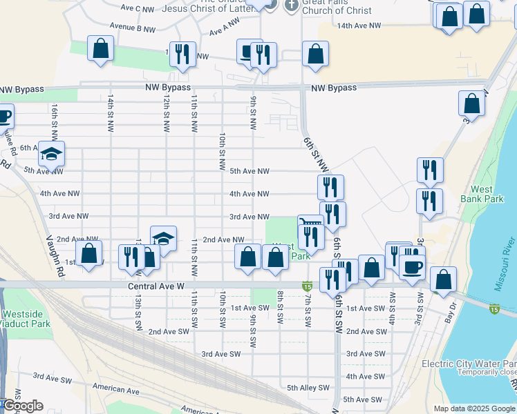 map of restaurants, bars, coffee shops, grocery stores, and more near 315 9th Street Northwest in Great Falls