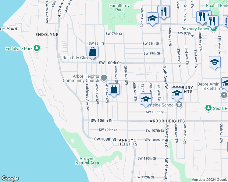 map of restaurants, bars, coffee shops, grocery stores, and more near 10233 40th Avenue Southwest in Seattle
