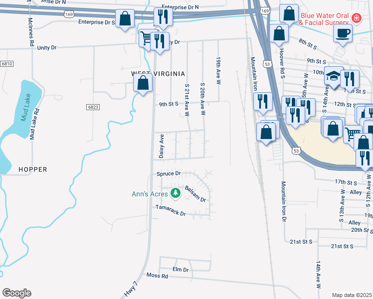 map of restaurants, bars, coffee shops, grocery stores, and more near 5417 South 21st Avenue West in Virginia