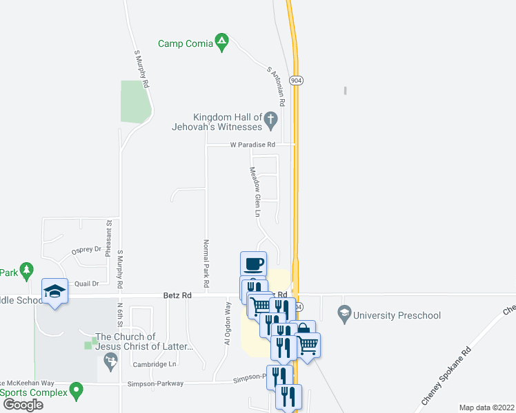 map of restaurants, bars, coffee shops, grocery stores, and more near Meadow Glen Lane in Cheney