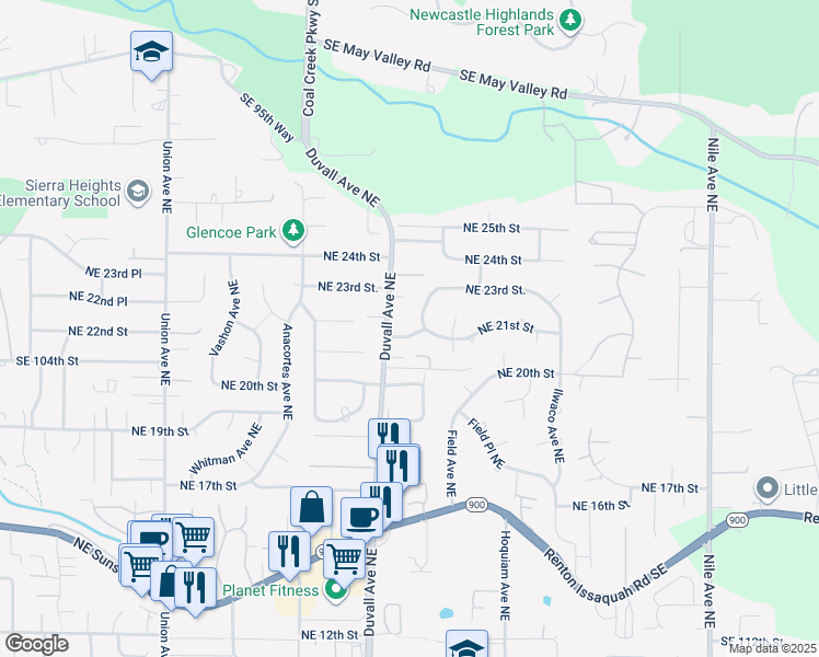 map of restaurants, bars, coffee shops, grocery stores, and more near 4806 Northeast 21st Street in Renton