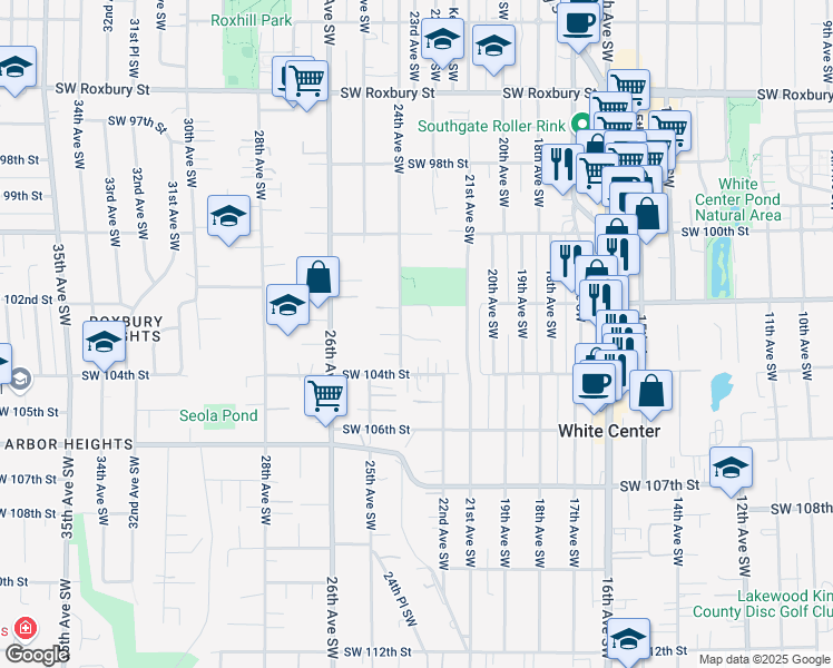 map of restaurants, bars, coffee shops, grocery stores, and more near 2230 Southwest 103rd Place in Seattle