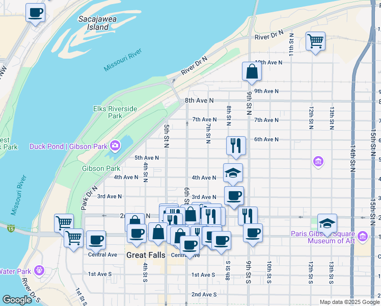 map of restaurants, bars, coffee shops, grocery stores, and more near 601 5th Avenue North in Great Falls