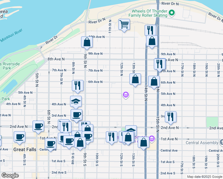 map of restaurants, bars, coffee shops, grocery stores, and more near 1107 5th Avenue North in Great Falls