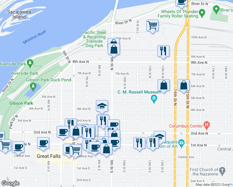 map of restaurants, bars, coffee shops, grocery stores, and more near 917 5th Avenue North in Great Falls