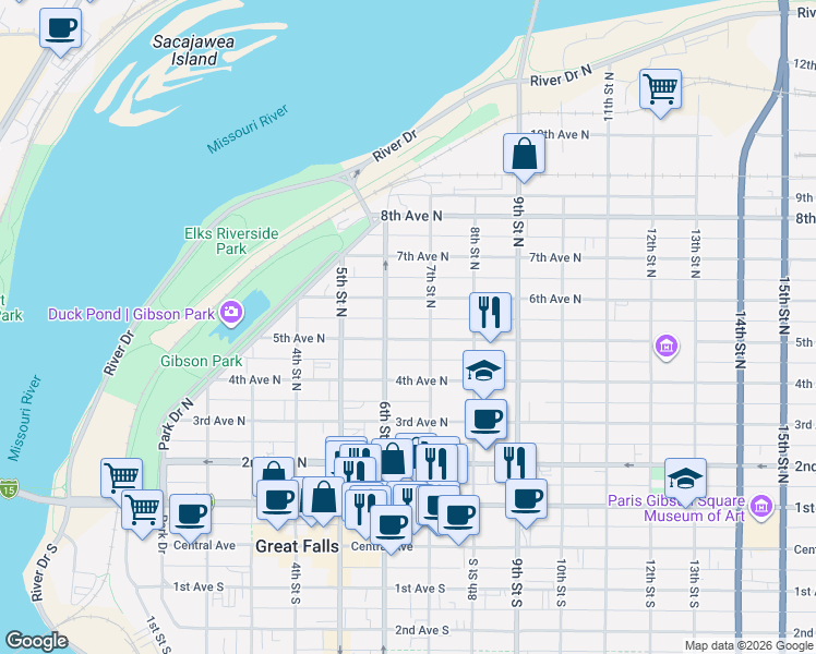 map of restaurants, bars, coffee shops, grocery stores, and more near 601 5th Avenue North in Great Falls