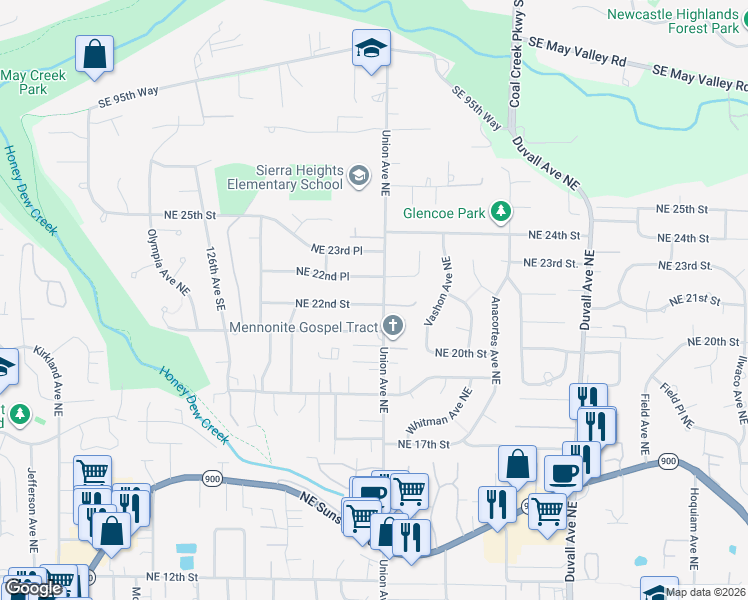 map of restaurants, bars, coffee shops, grocery stores, and more near 2138 Union Avenue Northeast in Renton
