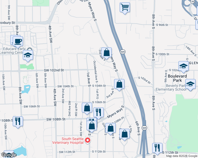 map of restaurants, bars, coffee shops, grocery stores, and more near 10238 Occidental Avenue South in Seattle