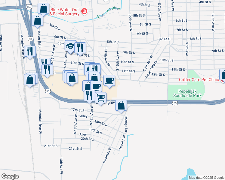 map of restaurants, bars, coffee shops, grocery stores, and more near 1001 13th Street South in Virginia
