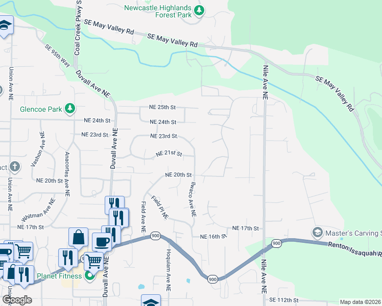 map of restaurants, bars, coffee shops, grocery stores, and more near 2217 Ilwaco Avenue Northeast in Renton