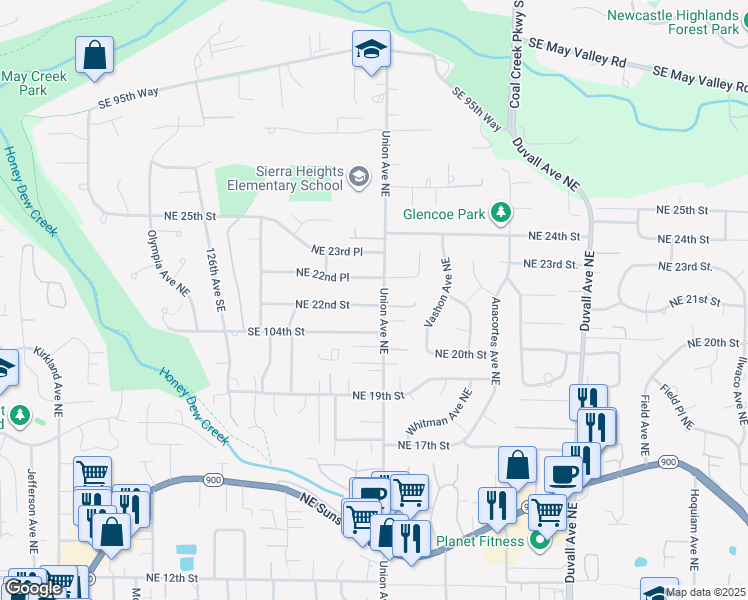 map of restaurants, bars, coffee shops, grocery stores, and more near 2138 Union Avenue Northeast in Renton