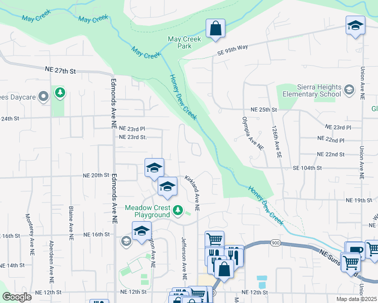 map of restaurants, bars, coffee shops, grocery stores, and more near 2300 Jefferson Avenue Northeast in Renton