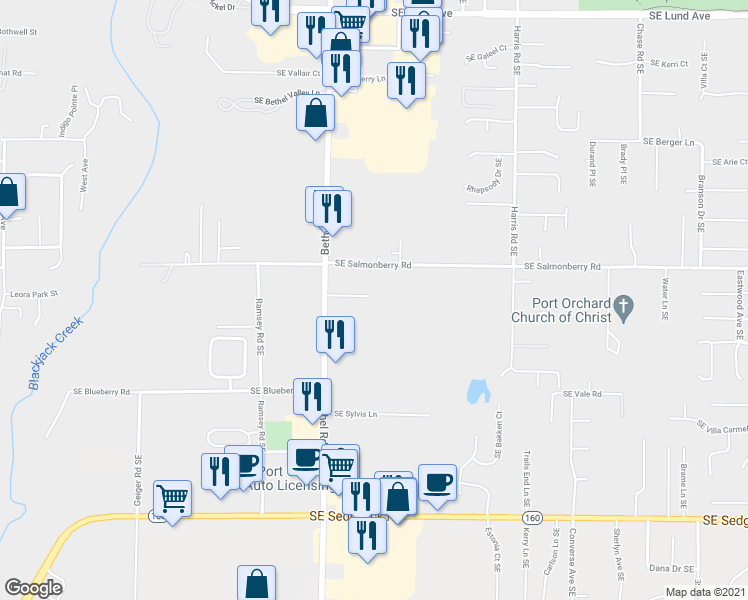 map of restaurants, bars, coffee shops, grocery stores, and more near 1768 Southeast Crawford Road in Port Orchard