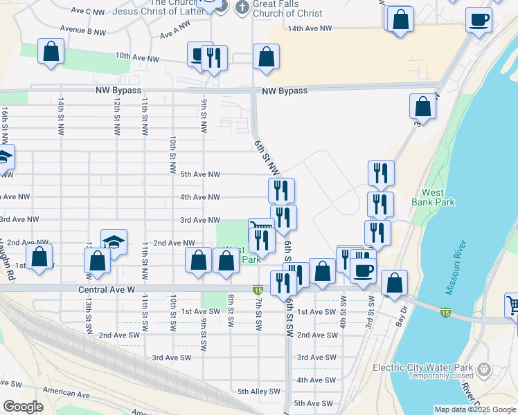 map of restaurants, bars, coffee shops, grocery stores, and more near 701 3rd Avenue Northwest in Great Falls