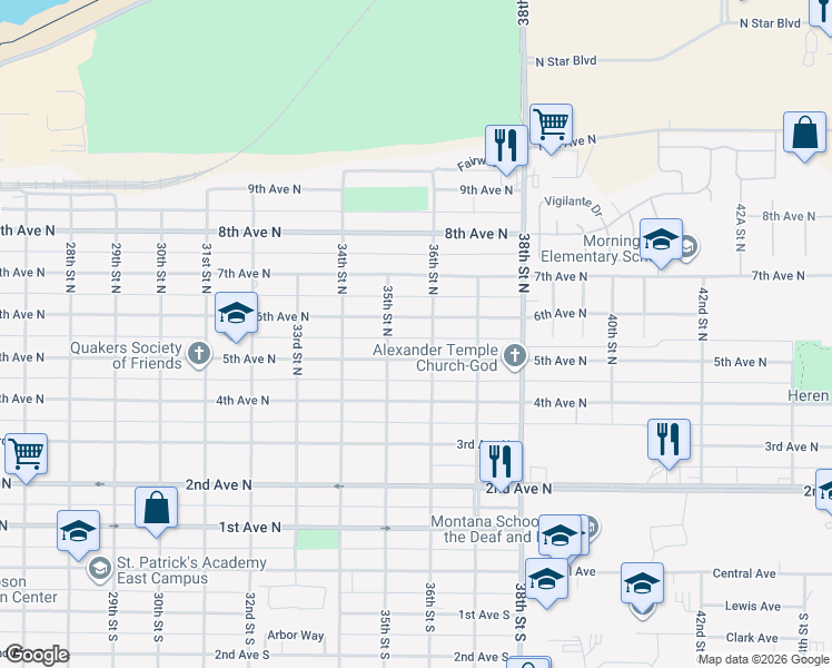 map of restaurants, bars, coffee shops, grocery stores, and more near 3518 6th Avenue North in Great Falls