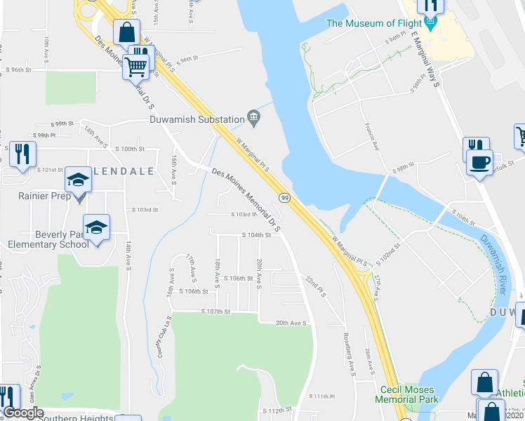 map of restaurants, bars, coffee shops, grocery stores, and more near 10311 Des Moines Memorial Drive in Seattle