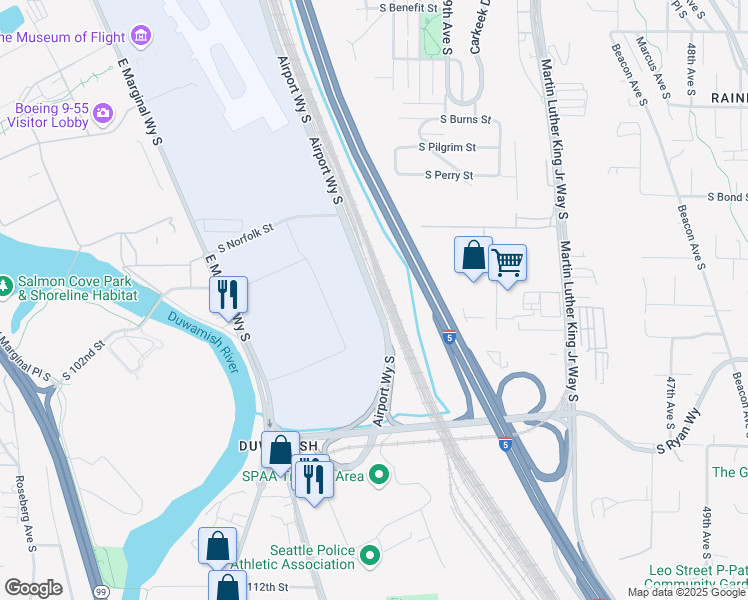map of restaurants, bars, coffee shops, grocery stores, and more near 10401 Airport Way South in Seattle