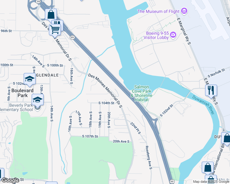 map of restaurants, bars, coffee shops, grocery stores, and more near 10311 Des Moines Memorial Drive in Seattle