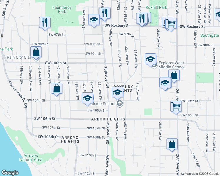 map of restaurants, bars, coffee shops, grocery stores, and more near 10230 35th Avenue Southwest in Seattle