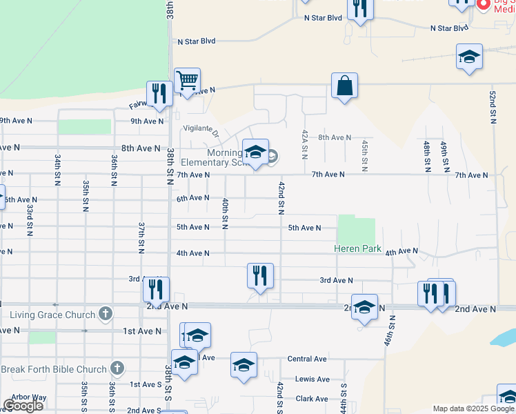 map of restaurants, bars, coffee shops, grocery stores, and more near 4037 5th Avenue North in Great Falls