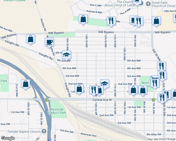 map of restaurants, bars, coffee shops, grocery stores, and more near 1327 3rd Avenue Northwest in Great Falls