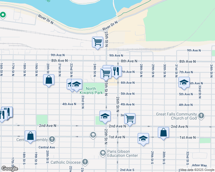 map of restaurants, bars, coffee shops, grocery stores, and more near 517 25th Street North in Great Falls