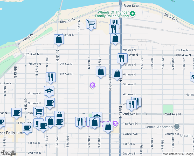 map of restaurants, bars, coffee shops, grocery stores, and more near 1301 5th Avenue North in Great Falls
